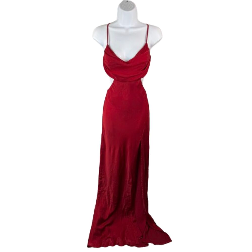 Showpo NWT Sophie Cowl Neck Cross Back Maxi Red Satin Dress Size 4